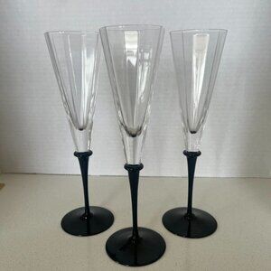 Set Of 3 Vintage Cartier Crystal Champagne Flutes With Black Stems Unsigned